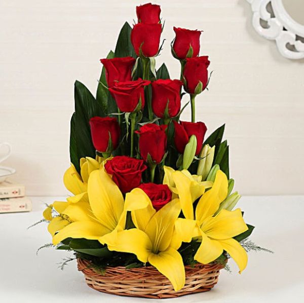 Red Roses & Asiatic Lilies With Basket Arrangement
