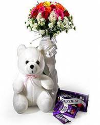 Teddy With Chocolate & Flowers