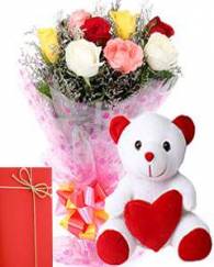 Mix Rose Bunch And Teddy Bear with Greeting Card 