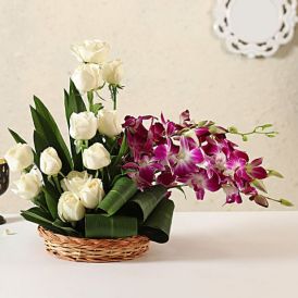 Purple Orchids & White Rose 